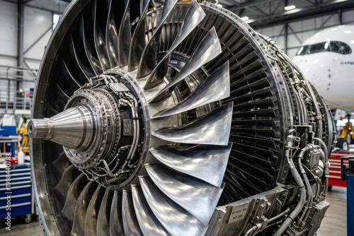Jet Engine Turbine Maintenance in Aircraft Hangar with Precision Engineering Detail