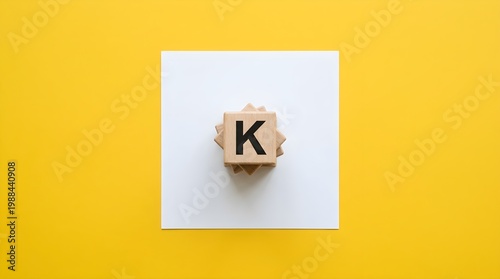 KPI Wooden Blocks Stacked Vertically Lightly Lit on White Surface Against Vibrant Yellow Flat Background Professional Minimalist Photography Creating Geometric Depth Visual Space
