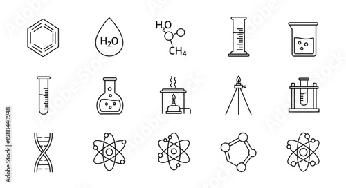 Collection of hand-drawn science and chemistry icons.