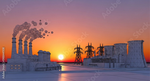 Industrial power plant with cooling towers and smokestacks at sunset.