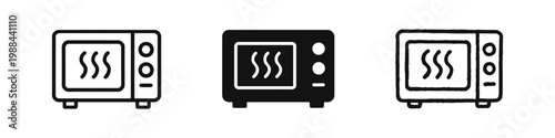 Microwave oven icon set for kitchen appliances in outline, solid, and hand-drawn styles