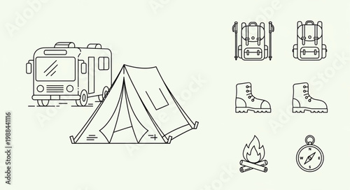 Camping icons with tent caravan and backpack.