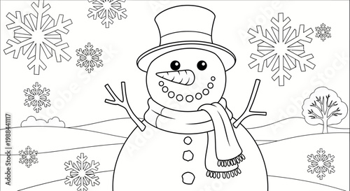 smiling snowman wearing hat and scarf in winter landscape with snowflakes for kids coloring book