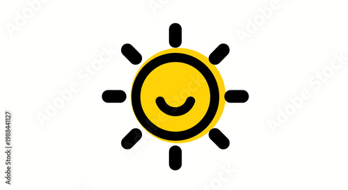 smiling sun icon with rays for happy weather forecast or symbol