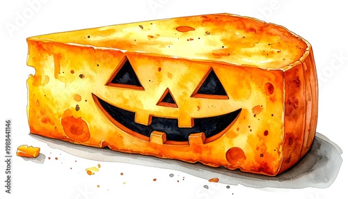 Halloween jack-o-lantern cheese wedge smiling.
