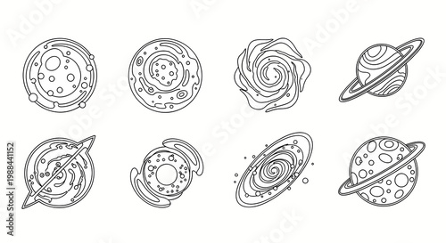space planets and celestial bodies line art illustrations for astronomy education and infographics