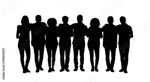 Silhouettes of seven people standing side by side in a line isolated on transparent background, Vector