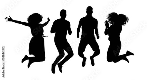 Four silhouettes joyfully jumping in unison against a plain background isolated on transparent background, Vector