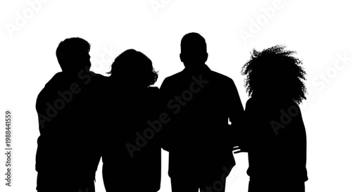 Four silhouettes standing closely together in unity pose isolated on transparent background, Vector