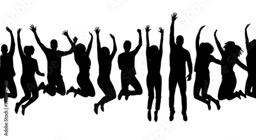 Group of people joyfully jumping in unison outdoors isolated on transparent background, Vector