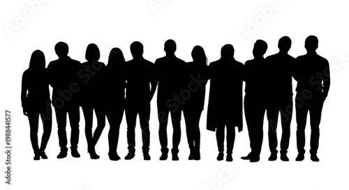 Silhouettes of diverse individuals standing side by side in unity isolated on transparent background, Vector