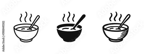 Bowl of Hot Soup Icons Set with Spoon and Steam in Outline, Solid, and Hand-Drawn Styles