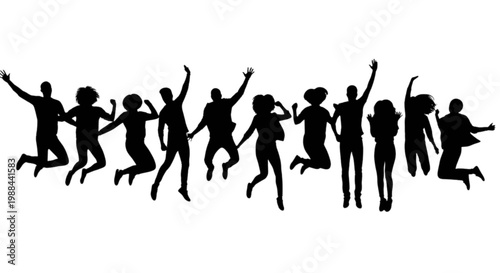 Tableau sur toile Diverse group of silhouetted people joyfully jumping together in unison isolated