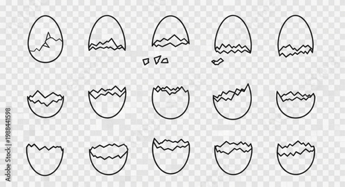 Collection of Hand Drawn Cracked Egg Shells on Transparent Background.