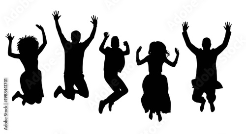 Five children joyfully jumping with arms raised in unison isolated on transparent background, Vector