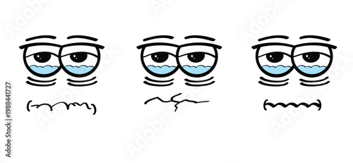 Crying, watering eyes. Tears and expression, grieve face. Tear cry eye icon. Eyes full of tears. Cartoon cry face. Sick or illness face. Cry, water drop person. grieve face.