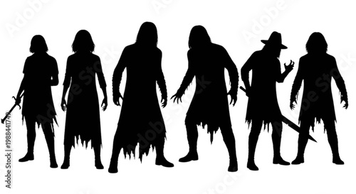 Silhouettes of five diverse historical or fantasy female figures walking together isolated on transparent background, Vector