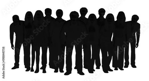 Group of diverse silhouettes standing closely together in unity isolated on transparent background, Vector