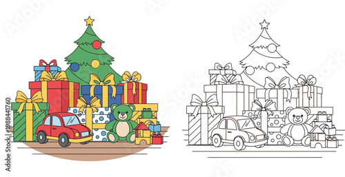 Christmas tree with gifts and toys coloring book page vector illustration for children's holiday education and activity
