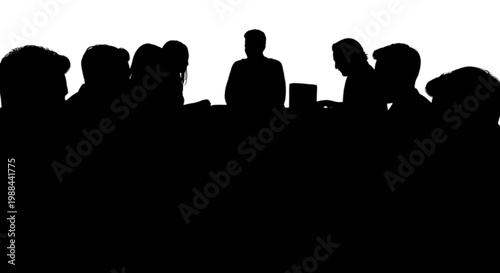 Group of silhouetted people engaged in a meeting around a table isolated on transparent background, Vector