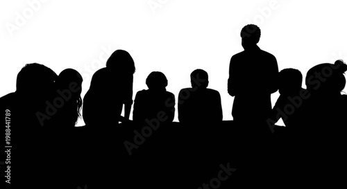 Group of silhouetted people standing in a line together isolated on transparent background, Vector