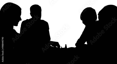 Three silhouetted people engaged in a discussion around a table isolated on transparent background, Vector
