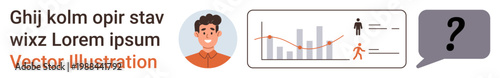Data analysis, statistics education, communication, business insights, trends, teamwork. Graph with bars and lines, human icons and speech bubble. Data analysis and statistics education theme