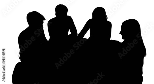Group of five silhouetted individuals engaged in conversation around a table isolated on transparent background, Vector