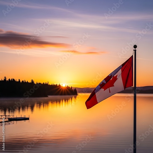 Canadian Flag at Sunset Over Peaceful Lake Landscape