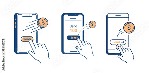 Sending money via mobile app illustration with dollar coins and phone