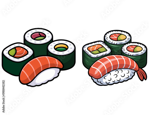 Illustration of Sushi Platters with Nigiri, Shrimp, and Rice Rolls Isolated on White