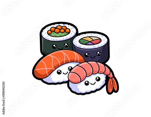 Cute Kawaii Sushi Character Illustrations with Salmon Nigiri, Shrimp, and Maki Rolls