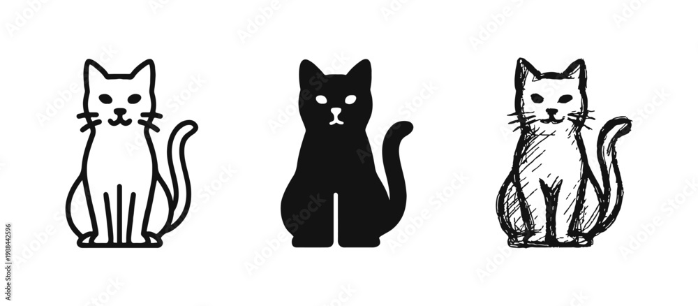 Fototapeta premium Cat Silhouette Icon Set featuring Sitting Feline in Line, Solid, and Hand-Drawn Styles
