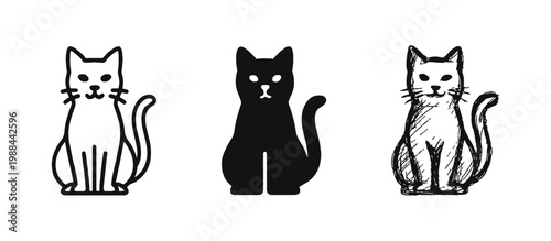 Cat Silhouette Icon Set featuring Sitting Feline in Line, Solid, and Hand-Drawn Styles