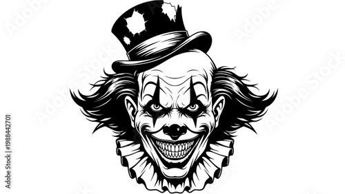 Scary Clown Face with Top Hat, Horror, Halloween, Evil Smile, Black and White