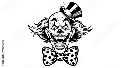 Scary Clown Face with Top Hat and Bow Tie - Black and White Illustration