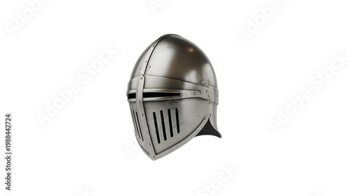 Detailed medieval metal knight helmet featuring a protective visor and metallic sheen designed for historical reenactment enthusiasts displayed as a single item on transparent background