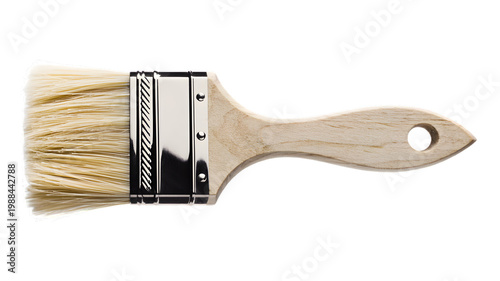 Professional wooden paint brush with soft white bristles featuring a metal ferrule and comfortable handle design isolated for renovation projects displayed on transparent background