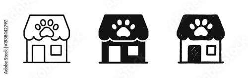 Pet Shop Building Icon Set with Paw Print Symbol in Line, Solid, and Hand-Drawn Styles