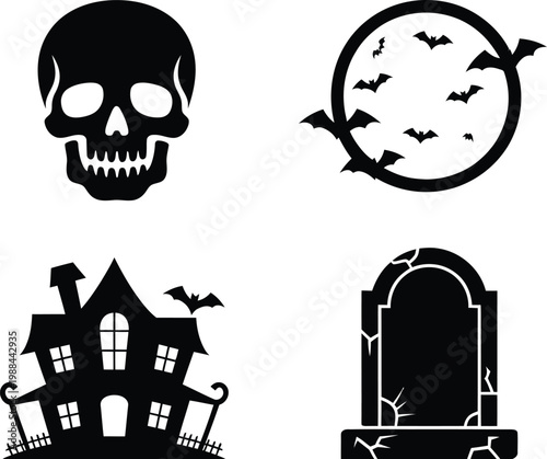 A set of four black and white Halloween icons featuring a skull, a full moon with bats, a haunted house with a fence and bats, and a cracked tombstone. The icons are simple, yet evocative of the spook