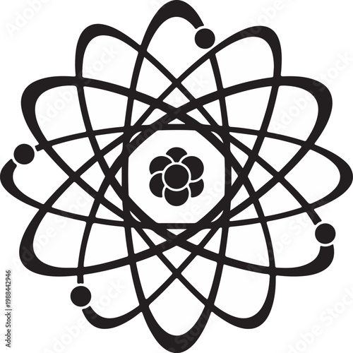Scientific atomic structure silhouette with nucleus and electron orbital paths