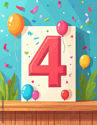 Birthday  or anniversary card with number 4. Cartoon illustration with bright colors and balloons
