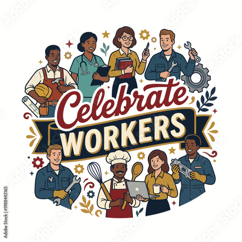 Celebrate Workers badge design for International Workers Day featuring diverse group of employees and professionals holding tools of their trade, colorful flat illustration for May Day holiday