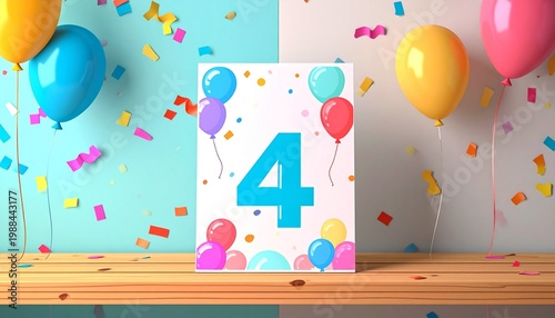 Birthday  or anniversary card with number 4. Cartoon illustration with bright colors and balloons