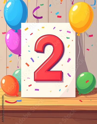 Birthday  or anniversary card with number 2. Cartoon illustration with bright colors and balloons