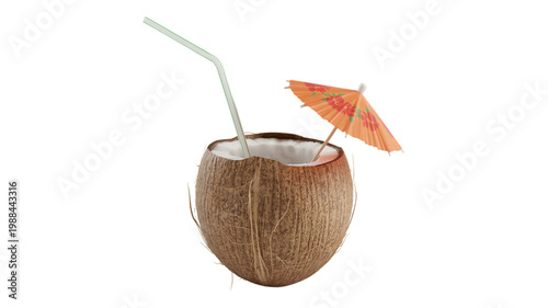 Refreshing tropical coconut drink with a green straw and an orange paper umbrella ready for summer vacation on transparent background. on transparent background