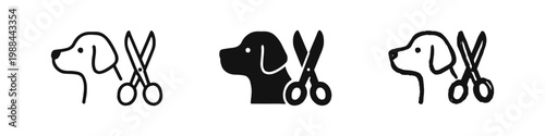Pet Grooming Icon Set with Dog and Scissors in Line, Solid, and Hand-Drawn Styles