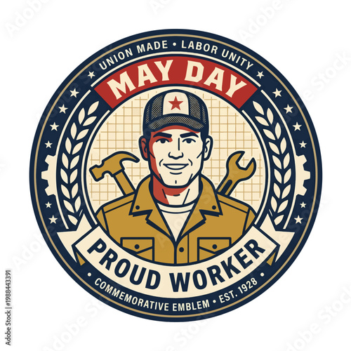 Vintage May Day Proud Worker Emblem featuring a male laborer in a cap and uniform with laurel wreath and tools, symbol of labor unity and industrial heritage for International Workers Day