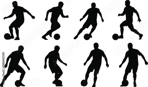 Collection of soccer player silhouettes performing dribbling and ball control actions, football athlete vector set isolated on white background
