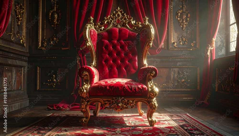 Fototapeta premium Luxurious ornate gold and red velvet royal throne chair